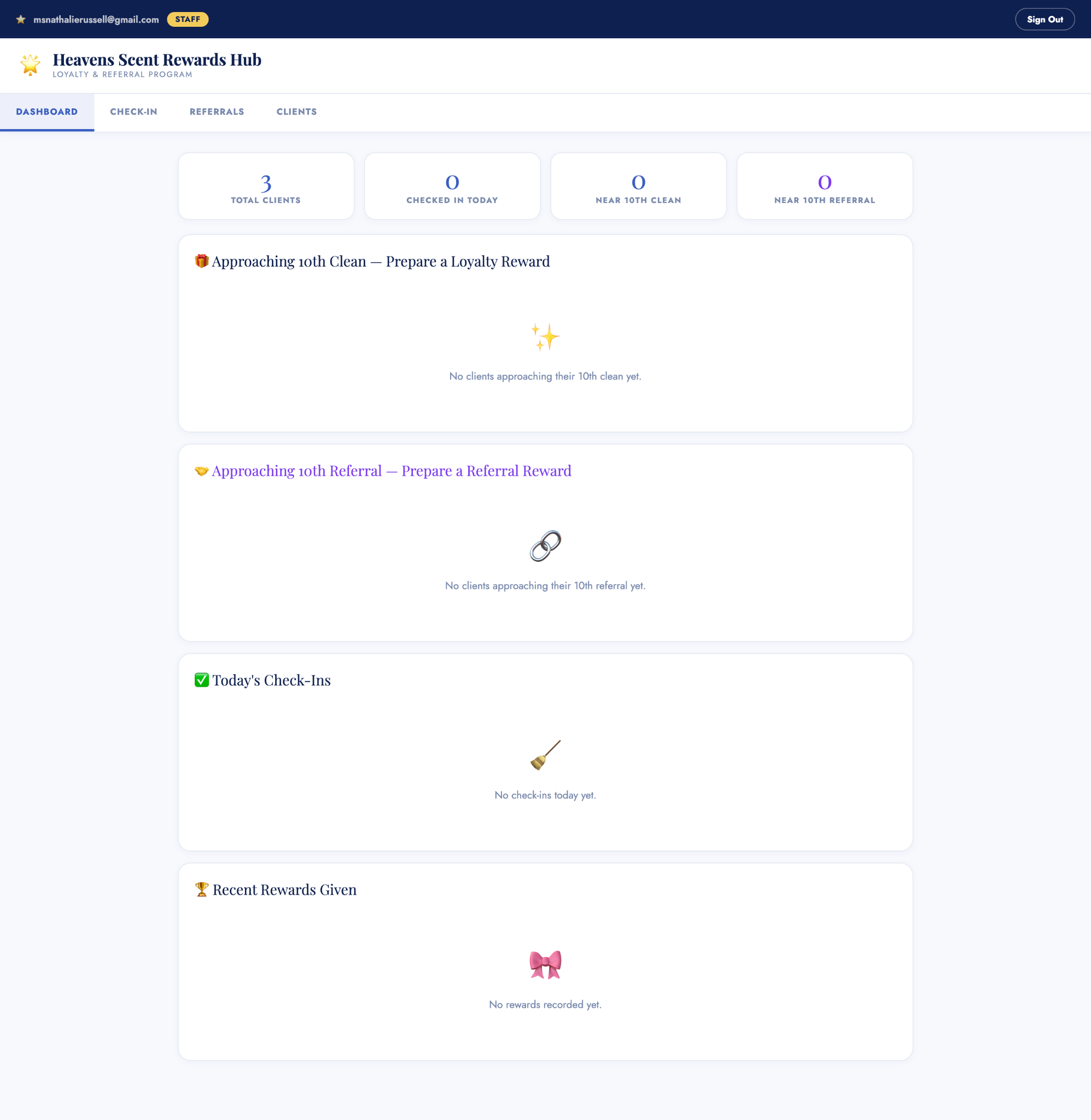 Heavens Scent rewards dashboard screenshot